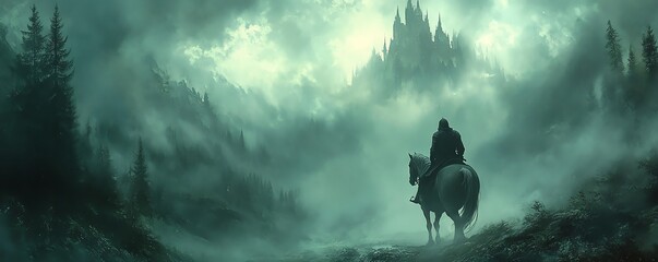 A knight on horseback riding through a misty valley