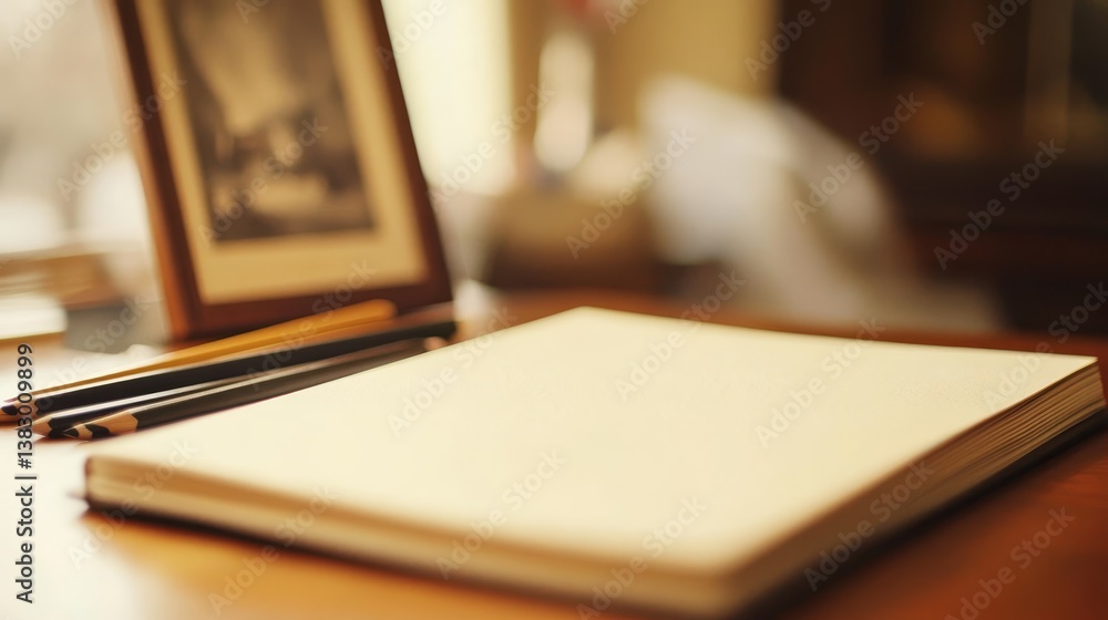 Poster a serene workspace with a blank notebook and pencils, framed photo in soft focus background