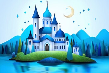 Naklejka premium Whimsical Blue Castle on Island Under Crescent Moon