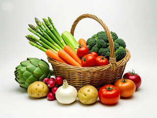Assortment of Fresh Vegetables in and Around a Rustic Wicker Basket, Isolated White Background Stock Photo Download