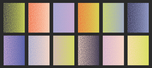Collection of grunge halftone gradient backgrounds. Faded grit noise texture. Colorful seamless patterns for banner, poster, graphic design. 