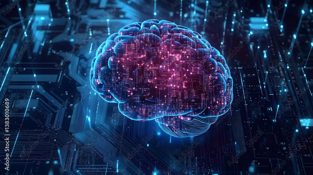 Poster digital human brain with computer circuit board. electronic medicine technology vector concept. elec