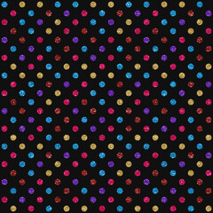 Seamless multicolor polka dot pattern on black background with vibrant pink, blue, yellow, orange dots. Playful abstract design ideal for textiles, wallpapers, packaging, kids themes, creative project