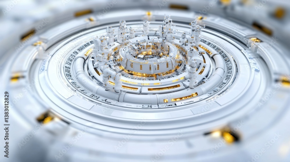 Poster abstract 3d rendering of a white and gold circular structure with intricate details.