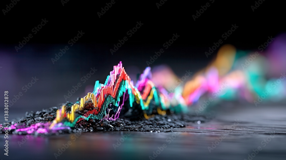 Poster abstract landscape of colorful, textured peaks rising from a dark, granular base. vivid hues and dyn