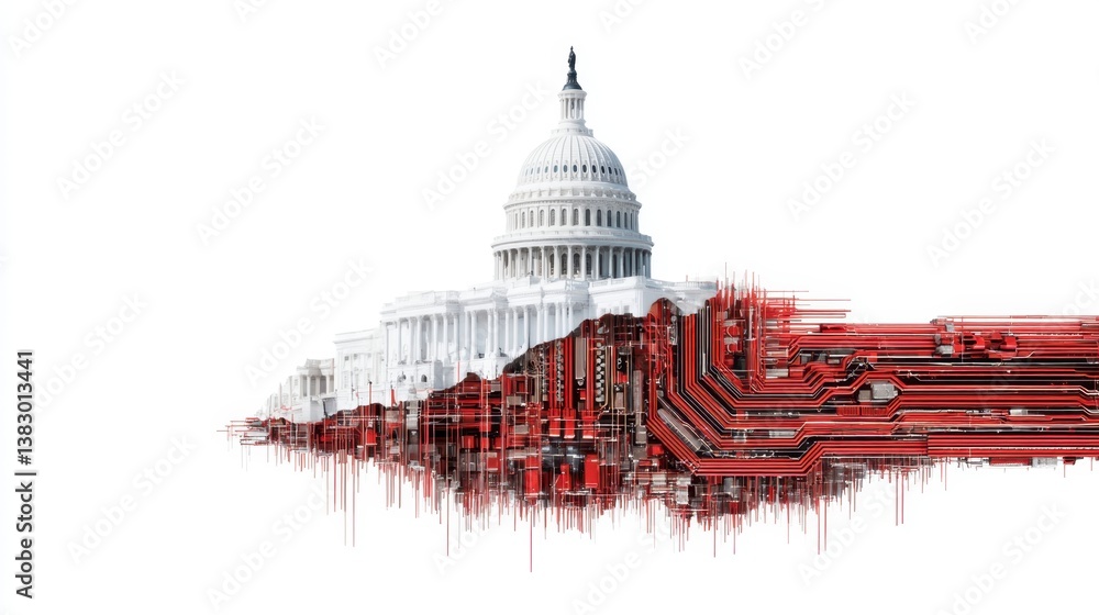 Poster abstract digital art depicting the us capitol building merging with red circuit board patterns, crea