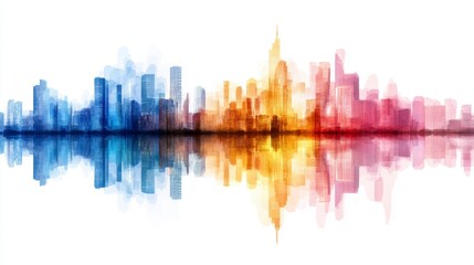 Obraz premium Watercolor cityscape reflected in water, blue, orange and red tones, abstract style.
