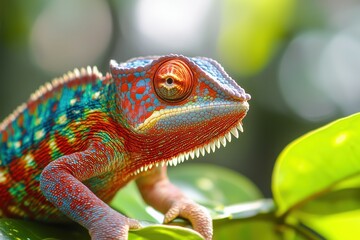 Obraz premium An ultra-detailed close-up shot of a chameleon with iridescent scales in vivid shades of red, orange, blue, and green, blending into its lush tropical surroundings.