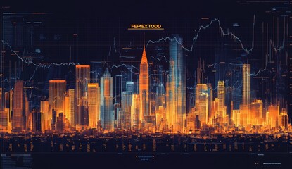 Futuristic cityscape overlaid with financial data