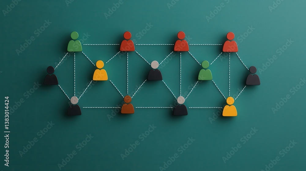Poster colorful shapes and figures connected by lines symbolizing a diverse network of people and teams wor