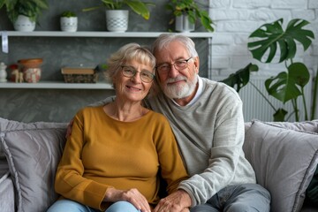 Elderly couple smiling together on a cozy couch in a bright living room filled with plants and soft furnishings