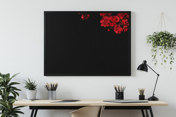Framed Red Flowers Artwork Above Desk in Bright Minimalist Room