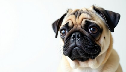 Close-up of a pug's face, pure white backdrop, closeup, dog portrait