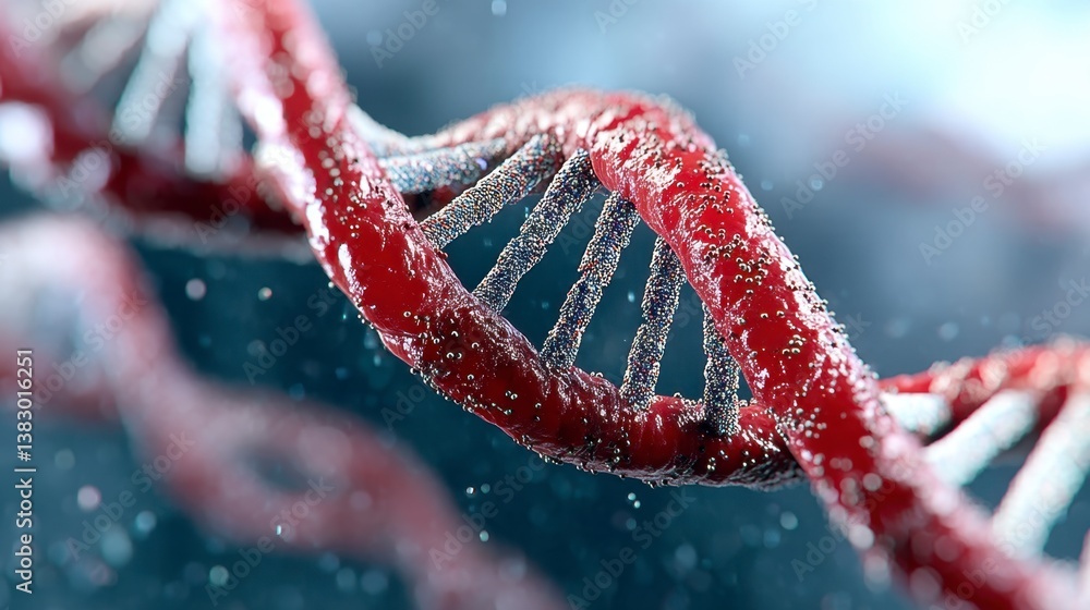 Poster close up view of a dna double helix rendered in red and gray, set against a blurred gray and blue ba