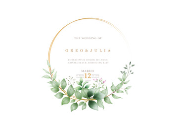 Watercolor green leaves wreath with gold circle
