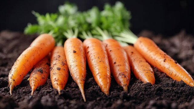 Earthy fresh carrots lined up on dark soil evoking concepts of organic farming harvest healthy food nutrition bounty.