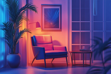 Armchair in Neons with Houseplant and Art for Modern Interior Design