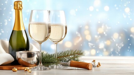 Two champagne flutes with a bottle, ice bucket, and festive decorations on a light wooden surface against a bokeh background.