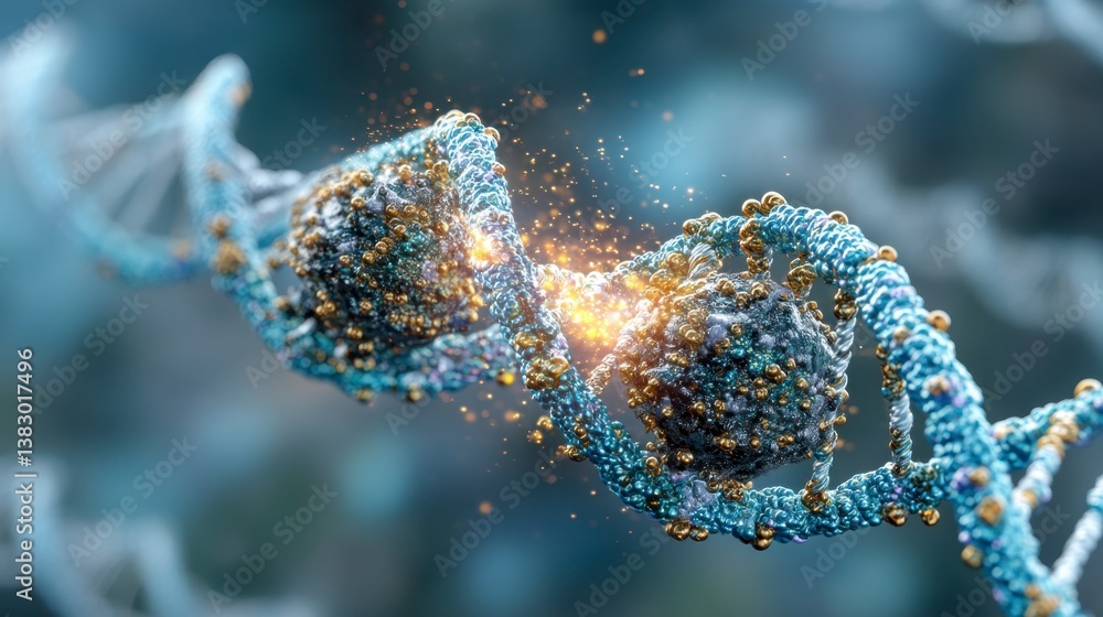 Poster abstract 3d rendering of dna double helix with glowing particles and light effects, depicting geneti