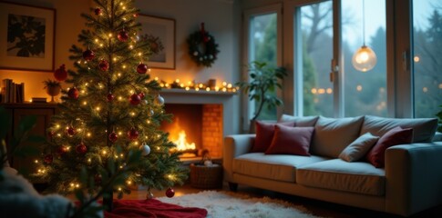 Evergreen tree with lights and ornaments in a cozy living room, evergreen, winter