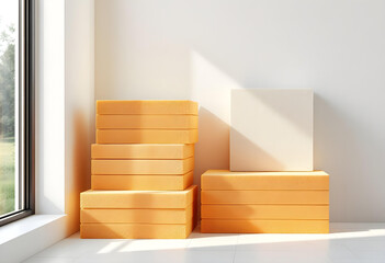 Stack of yellow insulation boards in sunlight – energy-efficient renovation material.