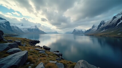 Norwegian landscape during midday with cloudy conditions, captured from above.
