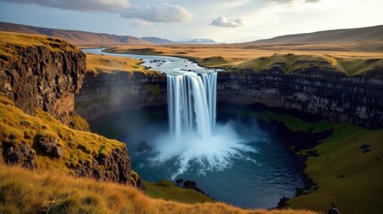 Aldeyjarfoss waterfall in Iceland at midday, sunny skies, seen from above.