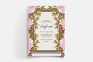 WEDDING INVITATION FRAME WITH FLOWER DECORATIONS AND FRESH LEAVES