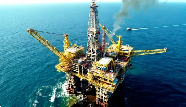 Offshore oil rig platform situated in the ocean, equipped with cranes and machinery, emitting smoke, and accompanied by a boat in the background, representing energy production and industrial operatio