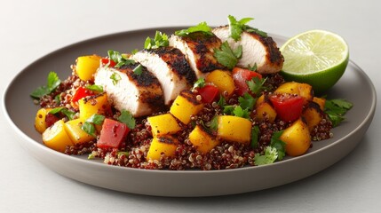 Grilled chicken breast slices served over a vibrant mango salsa with quinoa. Lime wedge garnish. Gray plate, bright setting.