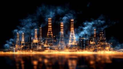Night cityscape with illuminated industrial structures emitting smoke over water, dark background.