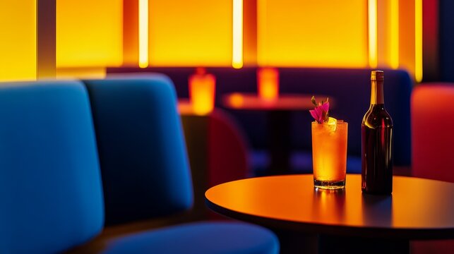 Vibrant cocktail on a table in a stylish bar with colorful lighting and cozy seating