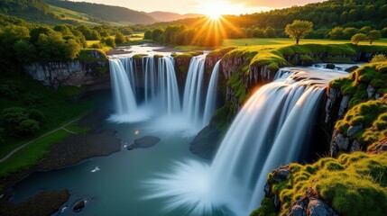Obraz premium Cascade d'Ars in France at dawn, with sunny, mild summer conditions, captured from above.