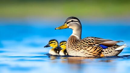 Obraz premium A mother mallard duck swimming calmly in a lake with her fluffy ducklings