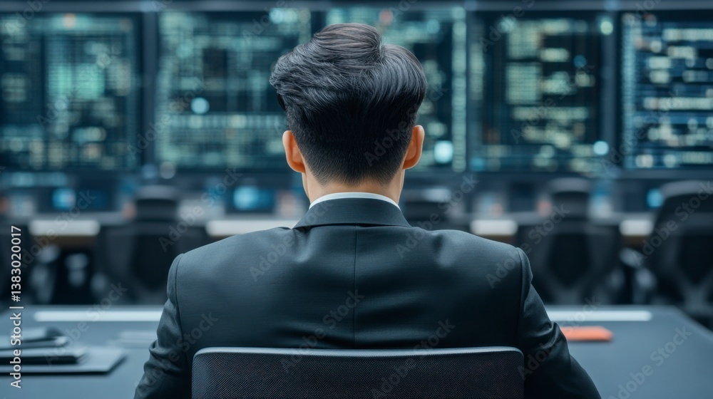 Poster rear view of a man in a dark suit seated before a large bank of computer screens displaying data str