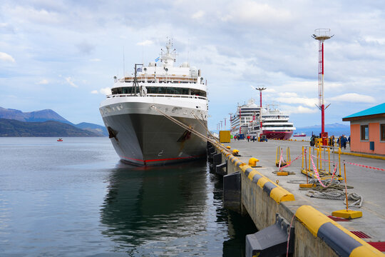 Cruise ship L'Austral operated by the French company Ponant docked in the port of Ushuaia in Tierra del Fuego, Argentina