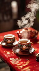 Fototapeta premium A classic tea set releases curling steam atop a richly adorned red and gold table. Vertical.