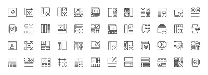 Layout icon collection. Grid icon set. User interface icons, sidebar, layout, grid system, toolbar, wireframe, alignment guide, configuration and more. Editable stroke. Pixel Perfect.