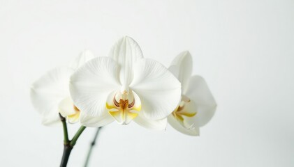 Obraz premium Delicate white orchid blossom against pure white backdrop, background, aesthetic
