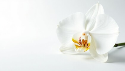 Fototapeta premium Delicate white orchid blossom against pure white backdrop, vibrant, serene