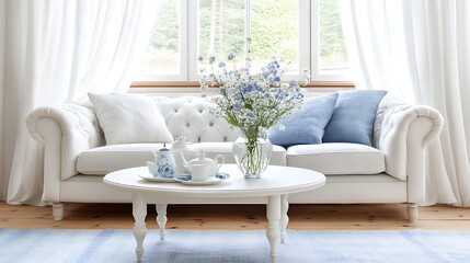 A cozy living room featuring furniture and floral arrangements
