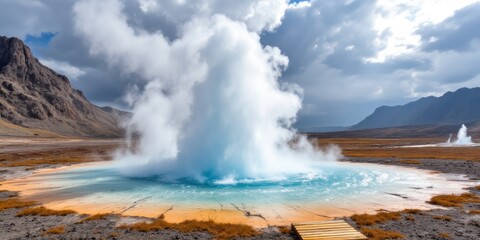 Geyser eruption creating steam over blue hot spring landscape  