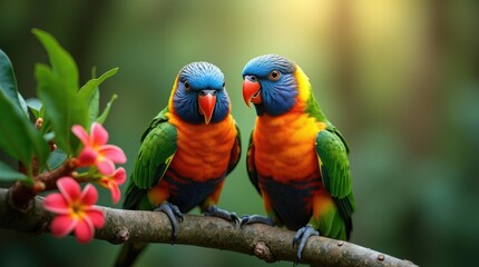 Colorful parrots sitting together on a branch in nature  