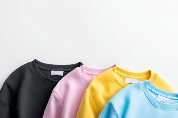 Four colorful sweatshirts lined up