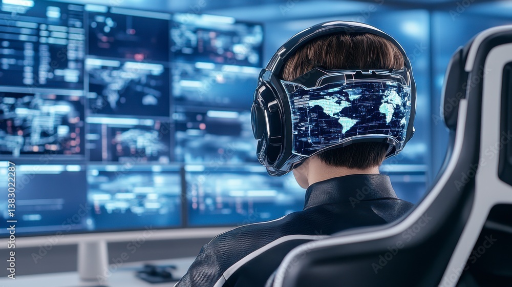 Poster person wearing headset with a global map display sits before multiple computer screens filled with d