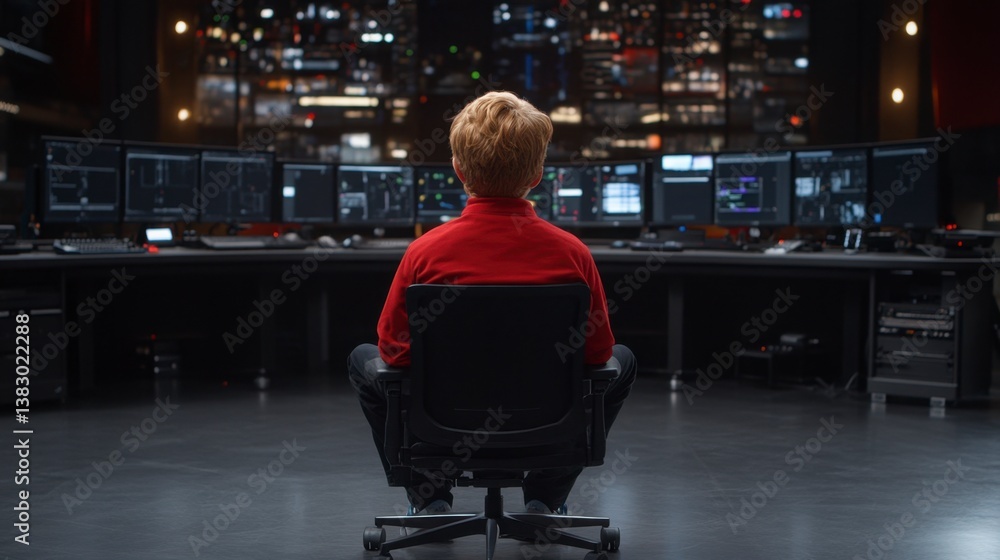 Poster person in red shirt sits in a chair facing multiple computer screens displaying city data in a dark 