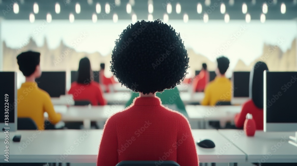 Aufkleber rear view of a person with a large afro hairstyle sitting in front of a row of people working at com