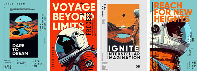 Space. Astronaut. Set of vector posters. Typography design and vectorized illustrations on the background