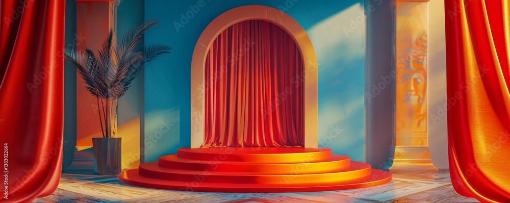 Poster sunlight streaming through a large archway illuminates an empty stage with red curtains in a colorfu