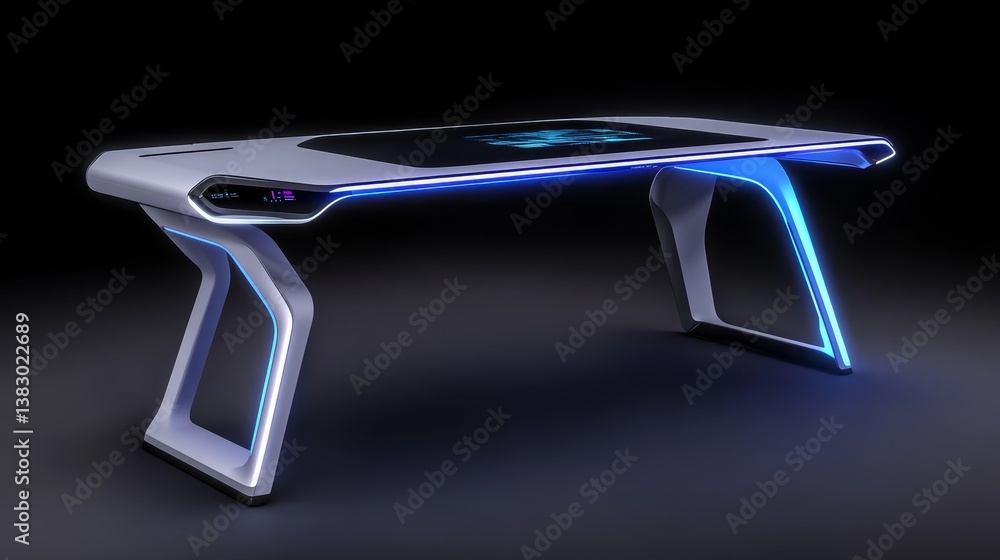 Poster Futuristic interactive desk with glowing edges and sleek design against a dark background